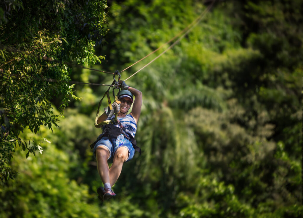 A person ziplining