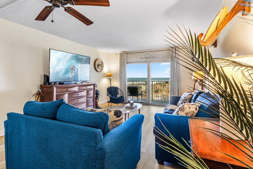 Living room in one of our Cocoa Beach oceanfront rentals